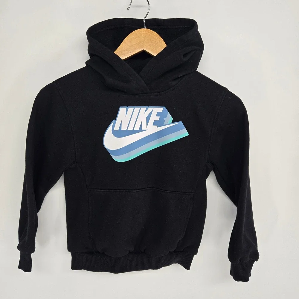 Nike‎ Hoodie Kids 7 Black Blue Teal Graphic Logo Fleece Pullover Sweatshirt